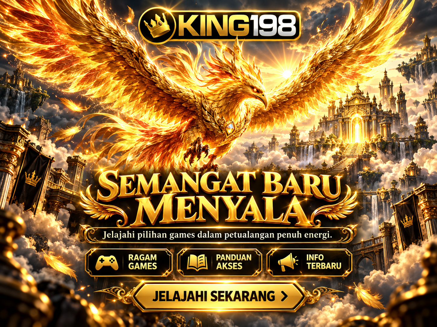 Banner KING198 sinematik dengan singgasana kerajaan emas dan sorotan cahaya dramatis.